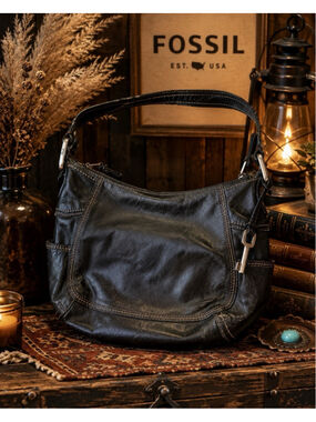 Fossil Black Leather Hobo Shoulder Bag Purse Slouchy Pocketbook Large Boho